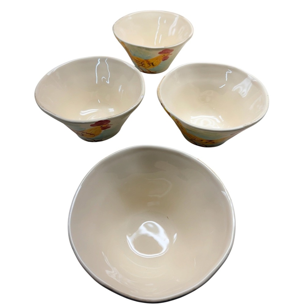 Vintage Vietri Cereal Bowls Blue Rooster Hand Painted Italian Ceramic Set of 4 - Picture 3 of 16